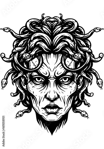 Symmetrical mythical creature's head in clean lines woodcut style, ancient mythological monster with snake hair, dark fantasy illustration