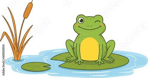 Cute cartoon frog winking on lily pad, happy amphibian character, pond nature illustration, charming water animal, wetland ecosystem, wildlife, serene environment, playful, vector art.