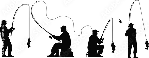 Silhouettes of fishermen catching fish with rods, outdoor fishing sport, hobby, water adventure scene, peaceful nature, relaxing activity moment