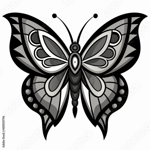 Stylized grayscale butterfly with intricate patterns and symmetrical wings