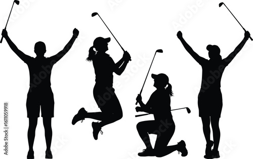 Silhouettes of golfers celebrating, playing, and kneeling with golf clubs, energetic sports moment, teamwork, competition, outdoor fitness, success scene