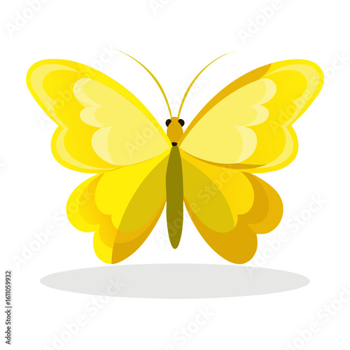 Bright yellow butterfly with layered wings isolated on white background
