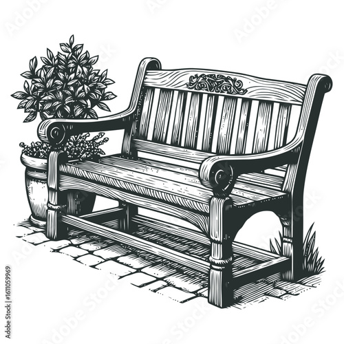Illustration of Wooden Garden Bench with Plant⁠
