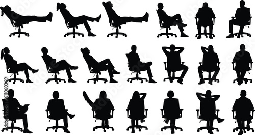 Silhouettes of seated people on office chairs, ergonomic sitting postures, workplace relaxation concept, professional environment, black and white vector