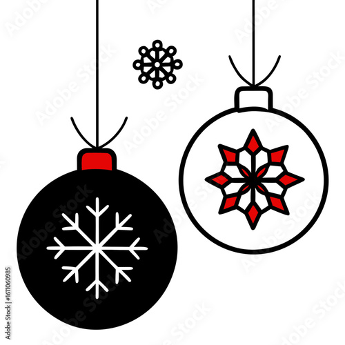 Red, gold, and clear Christmas baubles with snowflake glitter hang from red ribbon against a white background