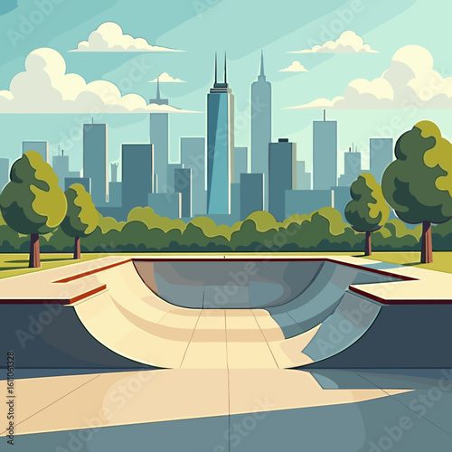 Urban skatepark with city skyline and greenery in bright daylight  