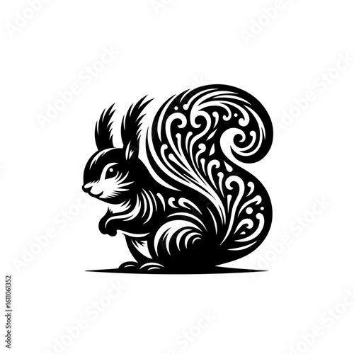 Stylized squirrel with ornate bushy tail