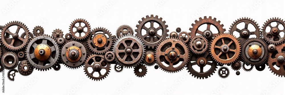 A horizontal line of rusty, intricate gears A horizontal line of rusty, intricate gears