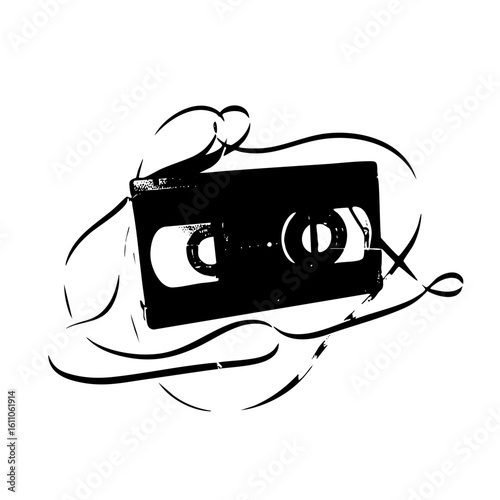 Vector Black Cassette Tape with Tangled Ribbon