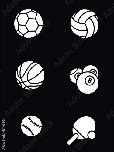 A versatile collection of white sports glyph icons, featuring soccer, basketball, volleyball, billiards, baseball, and table tennis equipment.