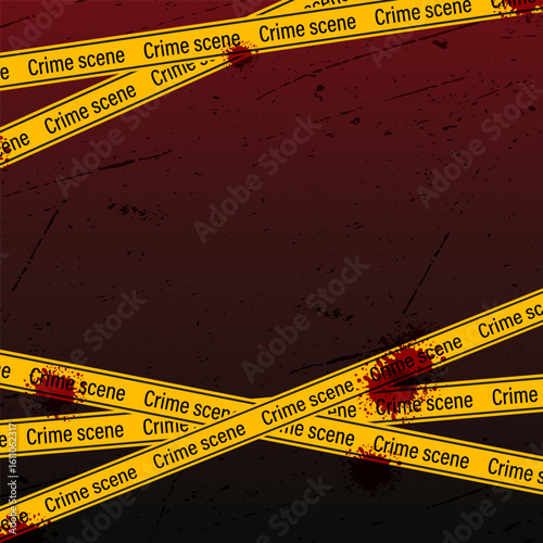 Bloody crime scene background with yellow caution tape, horror theme, scary thriller backdrop, grunge texture, spooky illustration.