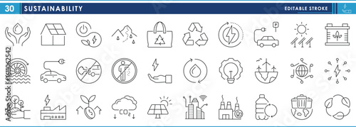 A set of line icons related to Sustainability. Green, energy, water, conservation, electricity, landscape, and so on. Vector editable stroke.