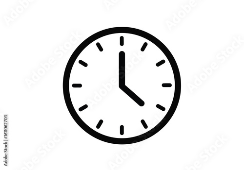 Vector illustration of a simple black clock face with hour and minute hands indicating the time, isolated on a white background