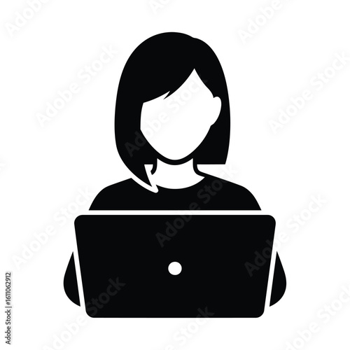 Vector illustration of a black silhouette icon of a woman working on a laptop computer