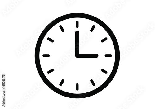 Vector illustration of a simple black outline of a clock face showing the time, symbolizing punctuality and the passage of time