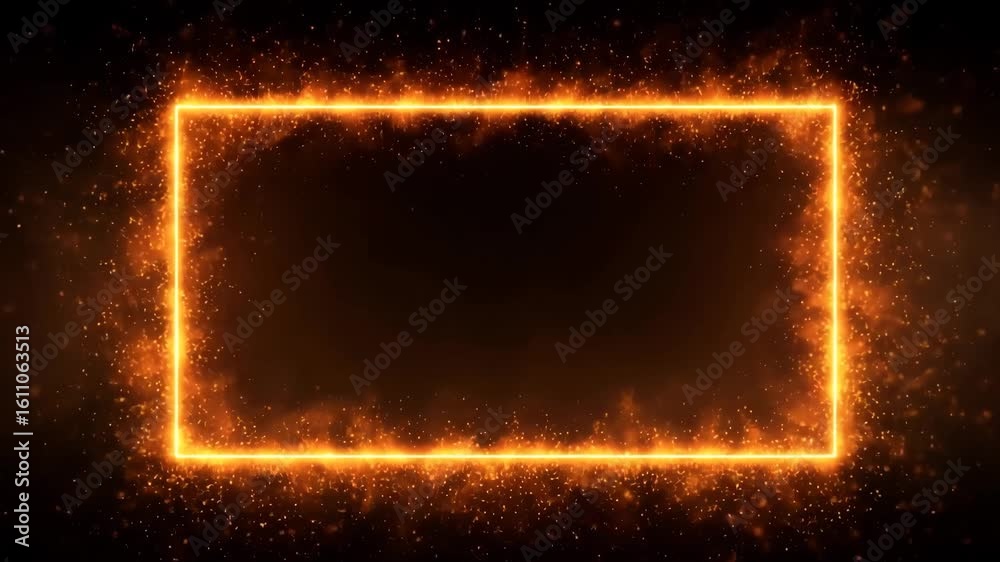 Loop animation of bright orange flame border surrounding dark rectangular frame, ideal for fiery intro screens, action transitions, or dramatic digital title visuals