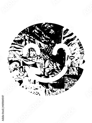 Vector Dynamic climbers ascend a rugged rock face within a circular frame.