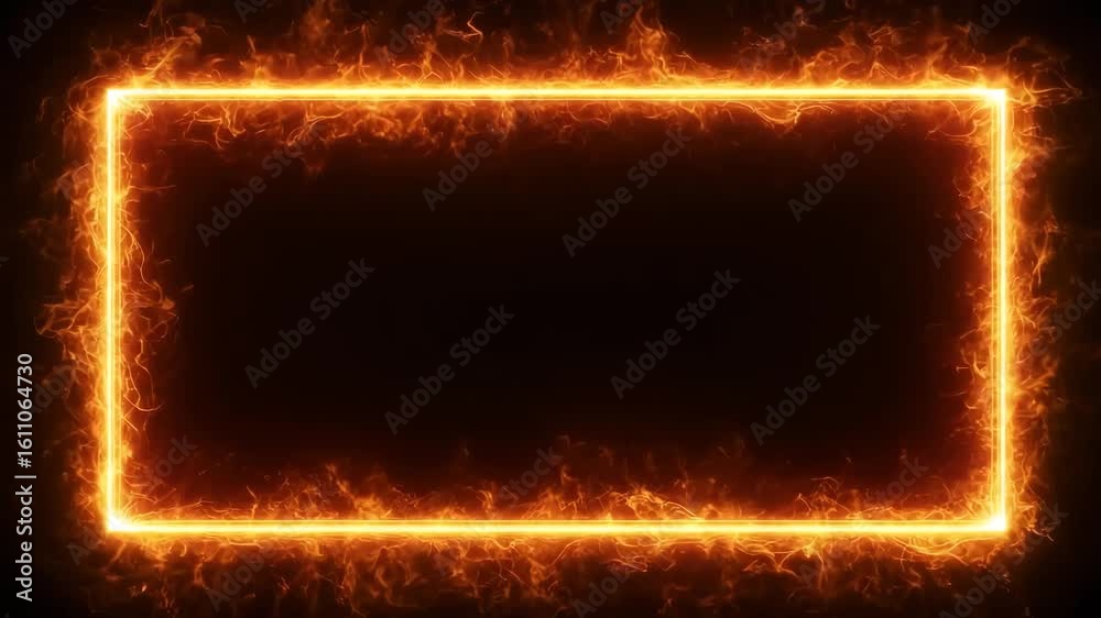 Glowing fire frame with bright sparks burning around dark rectangular border in a seamless loop, suitable for hot transitions, fiery effects, or title backgrounds
