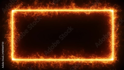 Glowing fire frame with bright sparks burning around dark rectangular border in a seamless loop, suitable for hot transitions, fiery effects, or title backgrounds