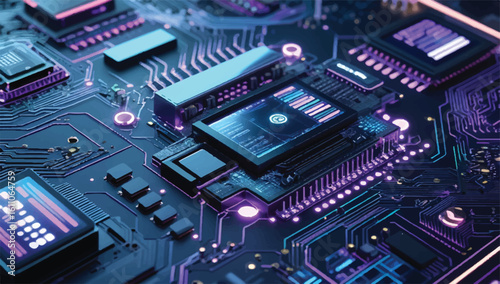 Futuristic circuit board with neon purple and blue lights, featuring advanced tech components. Ideal for tech, cyber, and sci-fi designs.