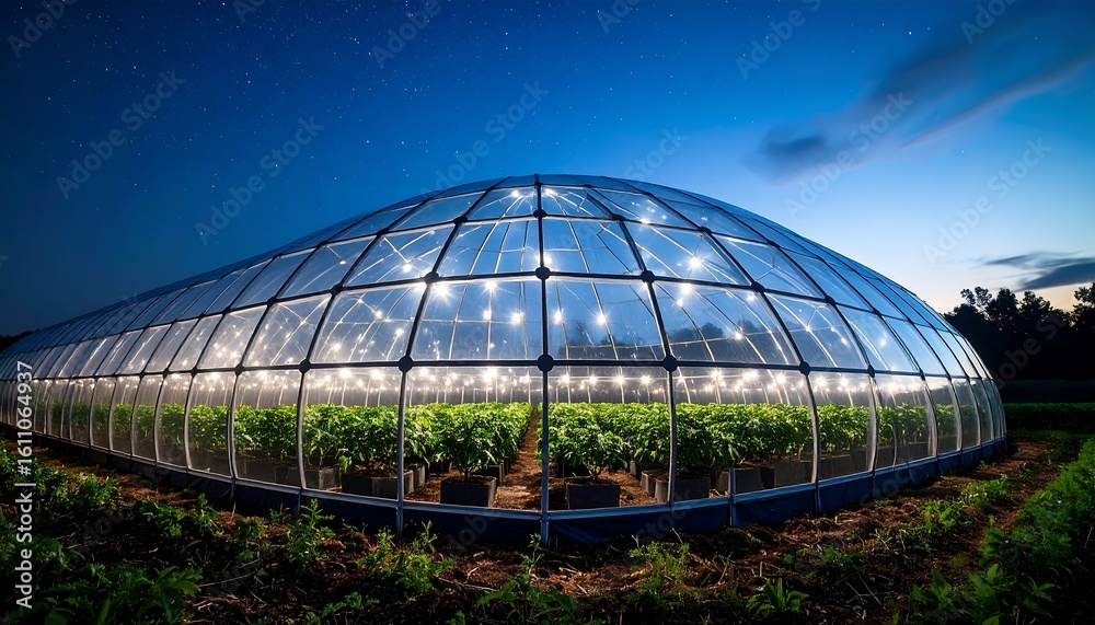 Obraz premium Growing Plants Inside Greenhouse at Night Under Starry Sky