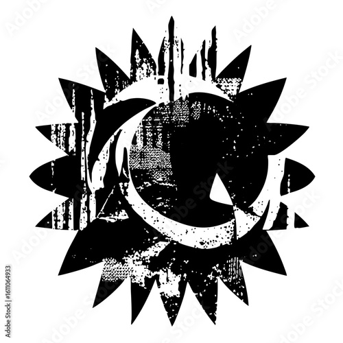 Vector Abstract sun and moon with distressed texture.