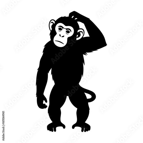 Black Monkey Silhouette Vector Scratching Head Puzzled - Confused Primate Animal Icon