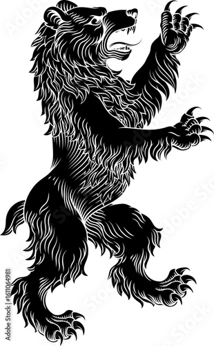 A heraldry coat of arms crest style rearing heraldic bear standing on hind legs in a vintage woodcut style