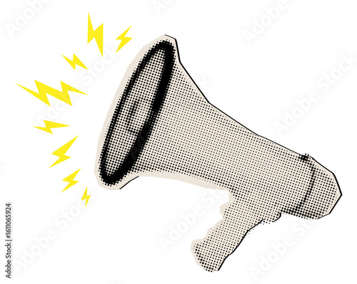 Retro halftone megaphone with yellow lightnings,trendy collage element