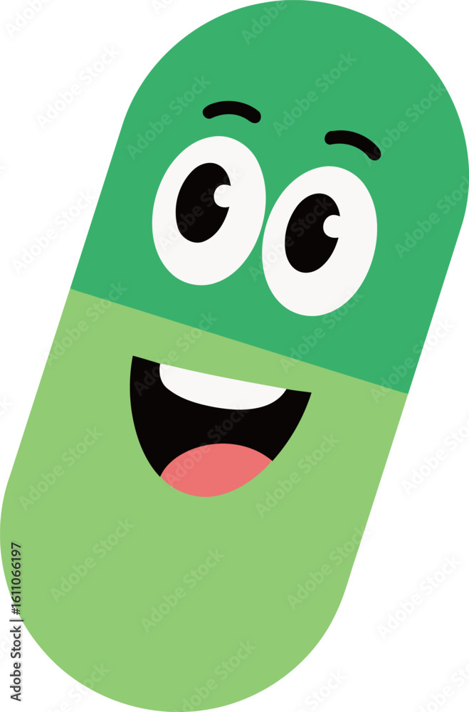 Fototapeta premium Happy green pill cartoon character with a wide, joyful smile and bright eyes, representing health and vitality.