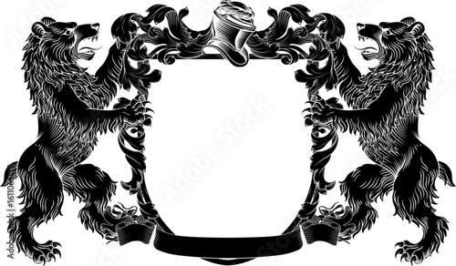 Bears coat of arms or crest family heraldry medieval heraldic knight shield with helmet and acanthus filigree scroll ornament in a vintage woodcut style.