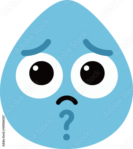 Confused light blue teardrop cartoon character with wide, questioning eyes and a curious question mark expression.