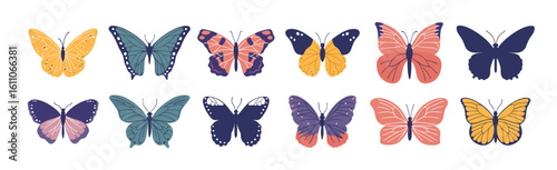 Cute cartoon butterfly vector set with flat colorful wings and spring patterns. Beautiful isolated illustrations for summer designs or floral backgrounds. Rainbow insects for logos or baby prints.