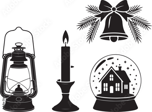 Floral and Festive Black and White Illustrations – Tropical Foliage, Decorative Blooms, Winter Holiday Icons, and Elegant Flower Arrangements