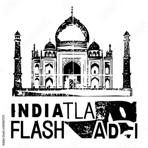 Vector Detailed vector of the Taj Mahal with prominent typographic text.