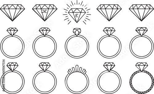 Black and White Diamond and Diamond Ring Icon Set Featuring Twelve Illustrations of Various Diamond Cuts and Ring Band Designs