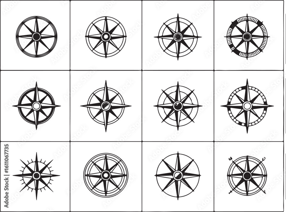 Fototapeta premium Black and White Compass Rose Collection Featuring Twelve Designs with Directional Arrows and Varied Complexity, Some Enclosed in Circles