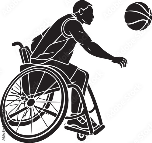 Silhouette of a basketball player in a wheelchair ready to pass the ball on white background
