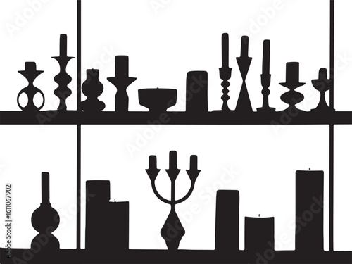 Black Silhouette Candle and Candle Holder Collection Featuring Twelve Illustrations of Single Candles, Candelabras, and Clustered Arrangements with Flames