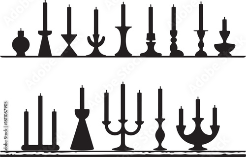 Black Silhouette Candle and Candle Holder Collection Featuring Twelve Illustrations of Single Candles, Candelabras, and Clustered Arrangements with Flames