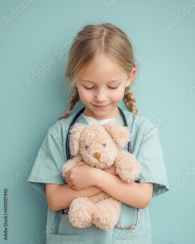 Girl in uniform lovingly holds plush toy, radiating tenderness and care