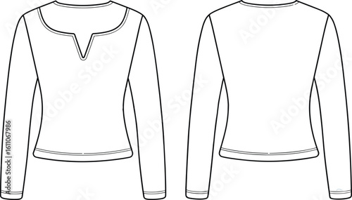 Stylish long-sleeve women's top with V-neckline, fashion illustration, casual wear, comfortable fit, everyday essential, versatile design, blank template for clothing mockup, front and back view.