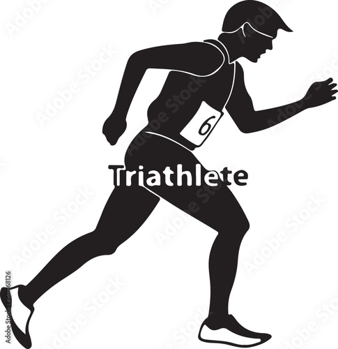 Silhouette of a triathlete running forward with number six on competition uniform in monochrome