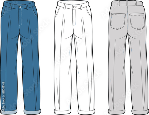 Cad drawing flat vector illustration, men's casual trousers design, rolled cuff pants fashion sketch, front and back view apparel template, tailored pants technical drawing, modern clothing style