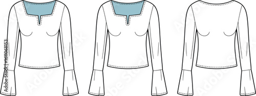 Stylish White Blouse Design Collection with Square Neckline, V-Neck Detail, and Elegant Bell Sleeves for Fashion Apparel Templates, Ready-to-Wear Clothing, and Commercial Use.