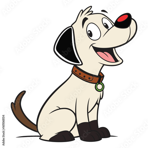 Cute cartoon-style puppy in full-color vector art, sitting happily with a pink tongue out and big expressive eyes, brown fur with darker ears, black tail, and wearing a red collar with a star-shaped 