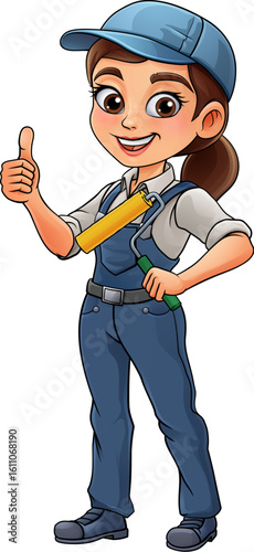 A woman female painter decorator holding a paint roller tool builder construction cartoon character mascot.