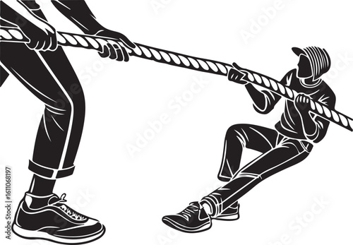 Two people engaged in a competitive tug of war pulling a heavy rope
