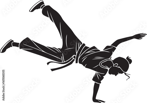 Dynamic silhouette illustration of a capoeira dancer performing a handstand kick