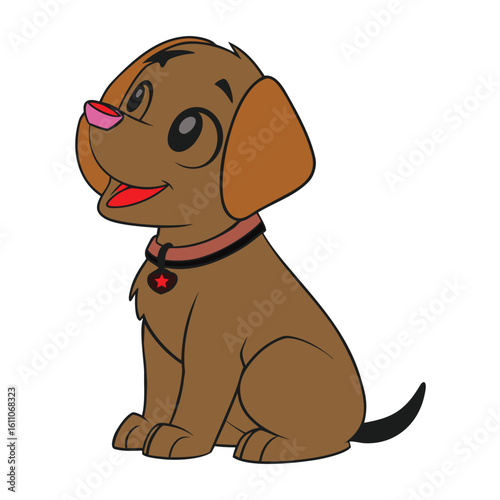 Cute cartoon-style puppy in full-color vector art, sitting happily with a pink tongue out and big expressive eyes, brown fur with darker ears, black tail, and wearing a red collar with a star-shaped 